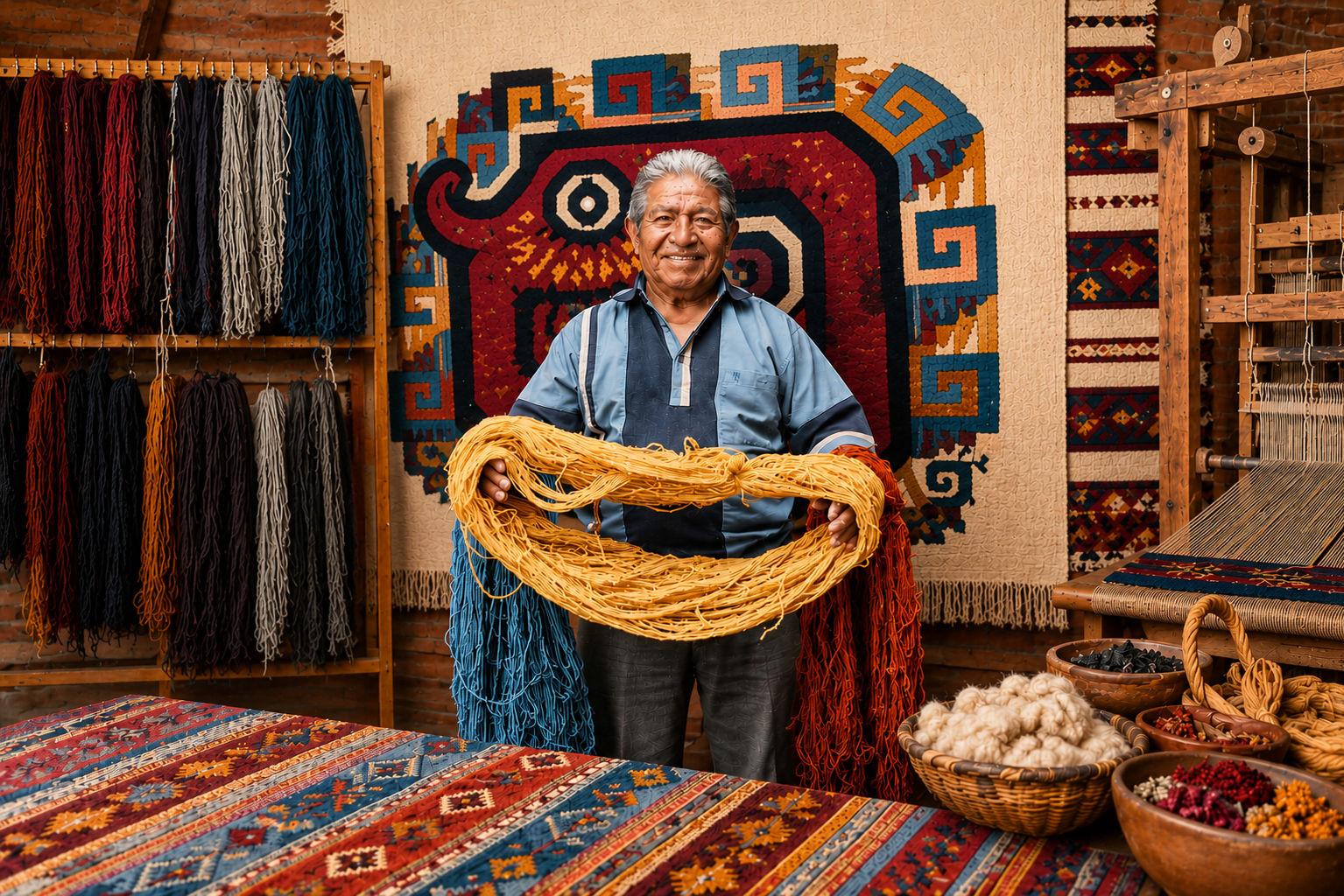 Master weaver with hand-dyed wool skeins in the Isaac Vásquez workshop, Teotitlán del Valle, Oaxaca