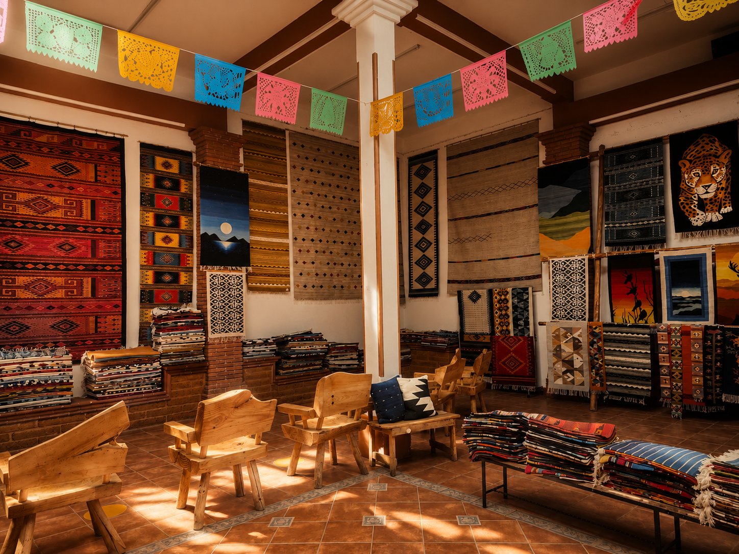 Papel picado overhead, finished tapetes floor to ceiling — every rug woven on-site in Teotitlán del Valle.